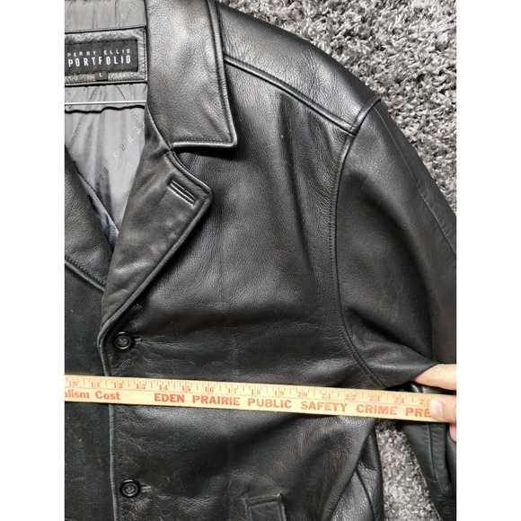 Perry Ellis Portfolio Leather Jacket Men Large Black Quilt Lined Button Front - Picture 5 of 8